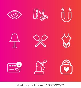 Premium set with outline vector icons. Such as object, hair, stylist, bikini, interior, pole, comb, bag, scissors, style, electricity, money, hand, ear, communication, mouth, boat, light, canoe, earth