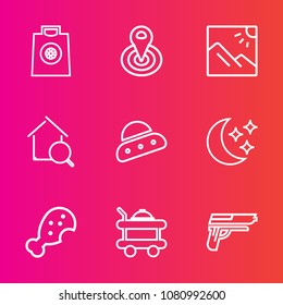 Premium set with outline vector icons. Such as sky, estate, real, sale, room, hotel, bag, cycle, center, food, scenery, circle, ship, meal, photo, landscape, gift, radius, space, location, bed, paper