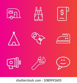 Premium set with outline vector icons. Such as iron, speech, loud, car, van, travel, work, transportation, right, announcement, speaker, repair, megaphone, traffic, business, transport, nuclear, tent