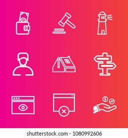 Premium set with outline vector icons. Such as boy, hanger, window, purse, business, money, home, browser, dont, dollar, courthouse, roof, trial, internet, justice, law, web, door, bag, water, male
