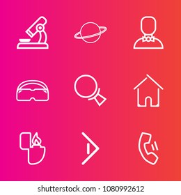 Premium set with outline vector icons. Such as telephone, planet, find, cigarette, social, profile, internet, object, laboratory, solar, man, research, biology, flame, magnifying, male, scientific