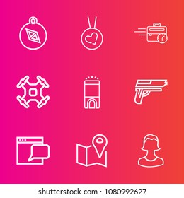 Premium set with outline vector icons. Such as firearm, map, communication, fashion, gold, website, necklace, drone, office, gun, sitting, east, north, control, west, chat, compass, hotel, work, room