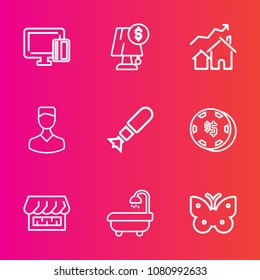 Premium set with outline vector icons. Such as nature, insect, profile, card, finance, property, human, payment, house, bathroom, risk, banking, gambling, illumination, home, light, war, fly, wing