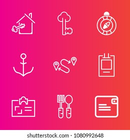 Premium set with outline vector icons. Such as rudder, east, key, apartment, personal, wallet, real, business, dollar, wheel, ship, door, money, estate, lock, metal, direction, restaurant, id, helm