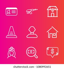Premium set with outline vector icons. Such as gun, estate, name, profile, war, architecture, construction, home, price, automatic, machine, rifle, document, black, healthcare, doctor, step, identity
