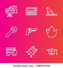 Premium set with outline vector icons. Such as liquid, spanner, camera, lens, projector, dump, digital, clean, graduation, pistol, calculator, tool, kettle, gun, tipper, university, truck, media, tea