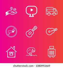 Premium set with outline vector icons. Such as white, money, house, airport, bus, bank, luggage, sea, coin, music, sign, highway, direction, cash, baggage, building, seafood, video, car, architecture