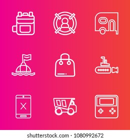Premium set with outline vector icons. Such as coaxial, leather, paper, dumper, group, bag, buoy, marine, safety, dump, vehicle, water, car, ocean, fashion, target, backpack, customer, arrow, web, sea