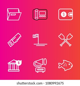 Premium set with outline vector icons. Such as object, telephone, dollar, finance, ocean, communication, canoe, blue, oar, wallet, business, music, phone, bank, fish, sea, gramophone, open, office