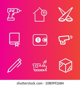 Premium set with outline vector icons. Such as train, power, home, repair, work, landlord, study, military, railway, gun, war, owner, background, drill, spotlight, machine, business, book, box, house