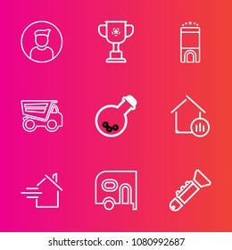 Premium set with outline vector icons. Such as cup, trophy, transportation, hotel, business, social, winner, rent, people, room, medicine, home, tipper, champion, victory, person, real, profile, house