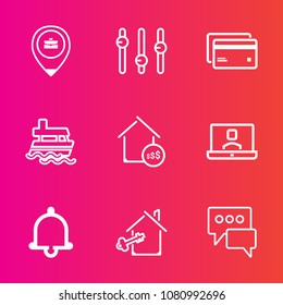 Premium set with outline vector icons. Such as job, internet, debit, payment, banking, notification, bell, location, work, property, price, alarm, call, graphic, bubble, home, house, business, video