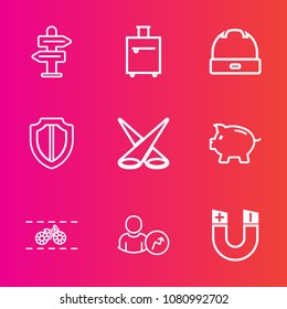Premium set with outline vector icons. Such as cycle, choice, field, head, security, cap, business, luggage, investment, fashion, trip, bank, science, spotlight, baggage, tourist, direction, pole, bag