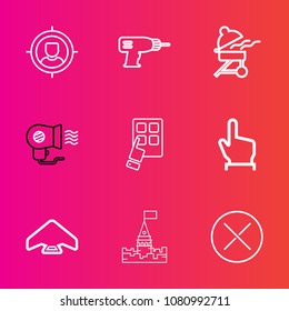 Premium set with outline vector icons. Such as barbecue, construction, bbq, group, marketing, concept, castle, targeting, sign, equipment, tower, female, businessman, market, button, target, modern