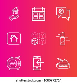 Premium set with outline vector icons. Such as red, buy, building, cardboard, schedule, rent, phone, business, window, replacement, television, video, war, timetable, tank, time, application, home, tv