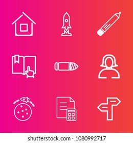 Premium set with outline vector icons. Such as office, property, satellite, business, rocket, banking, science, architecture, click, pen, spaceship, stationery, gun, estate, lady, pencil, arrow, woman