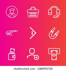 Premium set with outline vector icons. Such as right, web, market, casual, headset, pole, army, support, fashion, basket, magnetic, shop, young, field, microphone, weapon, bank, finance, account, gun