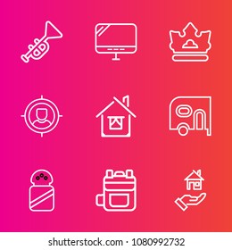 Premium set with outline vector icons. Such as instrument, marketing, rucksack, internet, white, screen, transport, orchestra, business, customer, backpack, queen, property, ingredient, bugle, musical