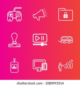 Premium set with outline vector icons. Such as player, folder, video, background, voice, audio, paper, interface, tv, button, transport, file, transportation, envelope, vehicle, speaker, equipment
