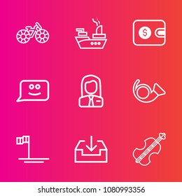 Premium set with outline vector icons. Such as violoncello, ride, finance, web, music, cycle, cello, chat, employer, ship, mexico, transportation, wallet, musical, smile, travel, money, beach, baja