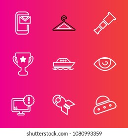 Premium set with outline vector icons. Such as place, human, ufo, night, computer, sky, weapon, internet, water, clothes, boat, winner, technology, fashion, warning, shop, email, communication, yacht