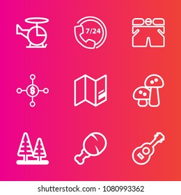 Premium set with outline vector icons. Such as center, template, forest, transportation, money, chopper, white, tree, snack, fashion, environment, call, phone, customer, support, helicopter, sky, wear