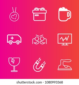 Premium set with outline vector icons. Such as doctor, rescue, pole, technology, science, present, box, coffee, decoration, party, medical, fashion, glass, field, bow, carnival, cafe, diagnostic, mug