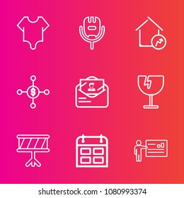 Premium set with outline vector icons. Such as property, destruction, home, cute, glass, musical, girl, bodysuit, schedule, investment, female, voice, time, calendar, body, song, music, drum, white