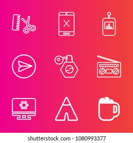 Premium set with outline vector icons. Such as control, adventure, coffee, hairstyle, television, perfume, technology, beauty, cancel, web, cord, sound, coaxial, record, comb, bottle, message, camp
