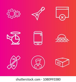 Premium set with outline vector icons. Such as fly, transportation, business, aviation, air, musical, guitar, drawer, chopper, concert, helicopter, man, cell, technology, male, landscape, nature, boy