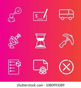 Premium set with outline vector icons. Such as global, cargo, certificate, achievement, hourglass, diploma, clock, frame, equipment, pen, check, complete, checklist, satellite, box, business, hour, no