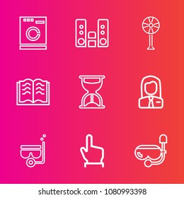 Premium set with outline vector icons. Such as clean, clock, employee, page, ventilator, snorkel, play, equipment, literature, media, housework, sand, player, washer, domestic, laundry, music, hand