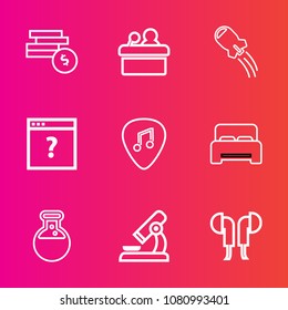 Premium set with outline vector icons. Such as music, speech, banking, spaceship, medicine, currency, musical, rocket, money, business, event, presentation, internet, concept, conference, speaker, web