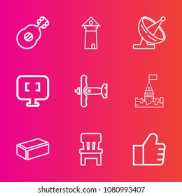 Premium set with outline vector icons. Such as internet, laptop, building, search, music, travel, france, military, concept, city, guitar, architecture, sound, web, satellite, tower, find, plane, room