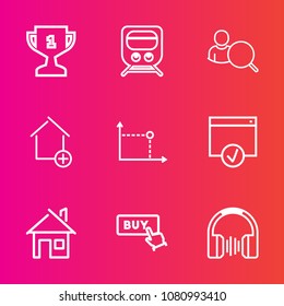 Premium set with outline vector icons. Such as business, champion, competition, award, stereo, online, winner, web, sign, house, music, button, geometry, apartment, achievement, audio, property, train