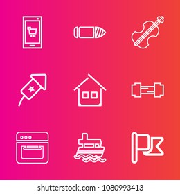 Premium set with outline vector icons. Such as celebration, app, music, gun, home, boat, online, national, phone, violoncello, fitness, estate, background, military, workout, festival, oven, building