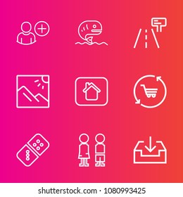 Premium set with outline vector icons. Such as add, consultant, photography, seafood, girl, game, cart, domino, row, traffic, food, web, person, people, scenery, social, home, retail, network, estate