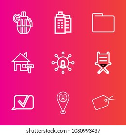 Premium set with outline vector icons. Such as dangerous, city, explosive, chat, chair, house, web, ammunition, open, sign, file, blank, empty, military, screen, white, bomb, object, location, folder