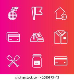 Premium set with outline vector icons. Such as national, red, bomb, tshirt, window, power, real, construction, oar, canoe, banking, explosive, cloud, water, growth, container, card, danger, house, can