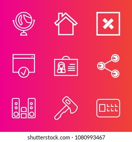 Premium set with outline vector icons. Such as earth, lock, mobile, phone, geography, page, female, telephone, internet, home, cell, profile, sphere, communication, bank, person, tool, axe, hammer