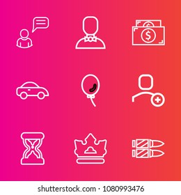Premium set with outline vector icons. Such as queen, transportation, cash, bank, message, time, web, sand, clock, delete, chatting, horizontal, celebration, hour, man, balloon, account, king, social