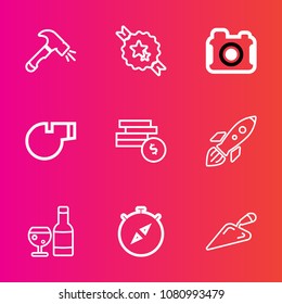 Premium set with outline vector icons. Such as sport, rocket, red, wine, photography, photographer, technology, element, decorative, whistle, space, picture, launch, compass, photo, camera, east, bank
