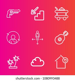 Premium set with outline vector icons. Such as down, guitar, person, sign, landlord, metal, summer, firearm, service, nature, hotel, bed, house, tropical, up, refresh, direction, road, war, handgun