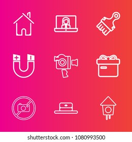 Premium set with outline vector icons. Such as real, head, ribbon, architecture, home, brush, holiday, magnetic, technology, film, estate, paint, property, white, bird, handle, birdhouse, cap, sign