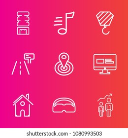 Premium set with outline vector icons. Such as radius, container, construction, website, center, picnic, musical, song, glasses, point, refrigerator, tune, street, industry, sound, progress, growth