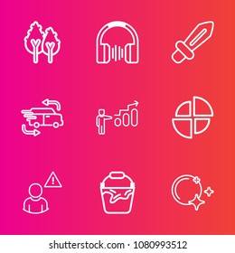 Premium set with outline vector icons. Such as car, network, clean, moon, handle, progress, sky, graph, wood, alarm, success, stereo, development, earphone, sword, night, music, bucket, pine, tree