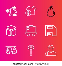Premium set with outline vector icons. Such as aviation, ventilator, purchase, cost, plane, pear, baggage, organic, sale, electric, airport, flight, construction, clothes, luggage, airplane, square