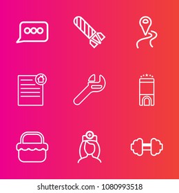 Premium set with outline vector icons. Such as sign, room, gym, communication, grass, route, road, sport, medical, contract, food, location, workout, hotel, luxury, power, travel, summer, picnic, tool