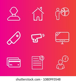 Premium set with outline vector icons. Such as cut, food, social, document, architecture, banking, meat, war, computer, internet, modern, businessman, meeting, contract, military, seminar, real, money