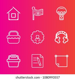 Premium set with outline vector icons. Such as message, national, note, park, web, flag, account, construction, basket, audio, sky, parachute, business, architecture, stick, estate, document, mobile